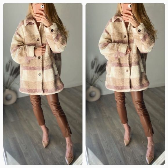 H&M Plaid Pastel Colors Faux Shearling Jacket Lined Warm - Picture 10 of 14